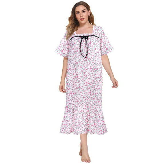 Women Nightgowns,Short Sleeves Comfy Ladies Nightdress Lightweight Floral Housecoat Plus Size