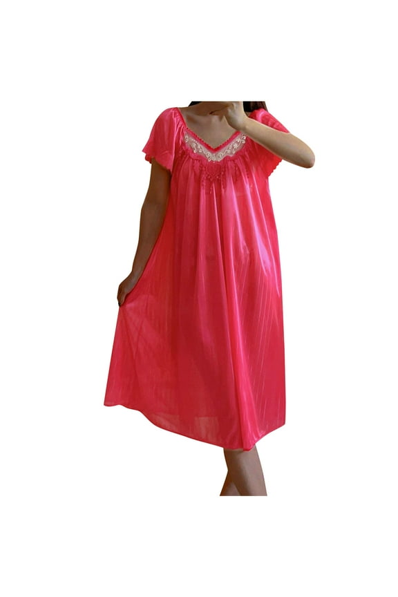 Women Nightgowns, Soft Silk Satin Short Sleeves Comfy Ladies Nightdress
