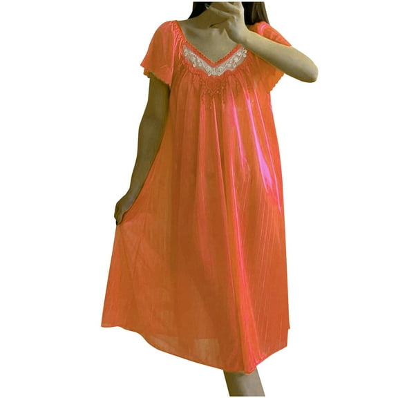 Women Nightgowns, Soft Silk Satin Short Sleeves Comfy Ladies Nightdress