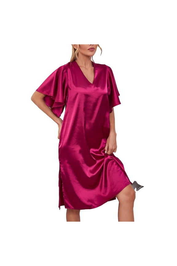 Women Nightshirt Short Sleeve Sleepwear V Neck Nightgown Pure Colour Pajama Dress Red L