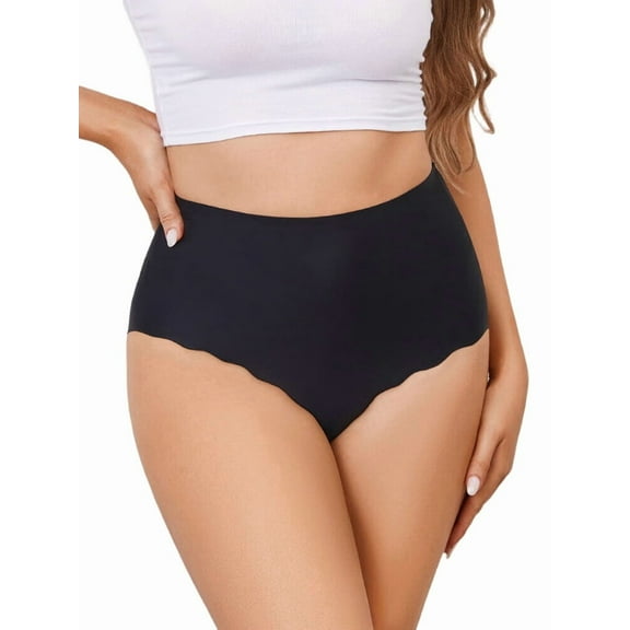 Women No Show High Waisted Panties Tagless Wave Edge Full Coverage Ladies Briefs Black XS