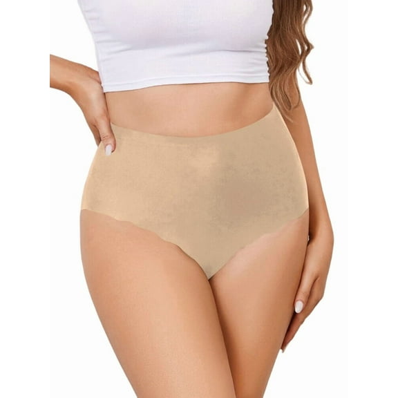 Women No Show High Waisted Panties Tagless Wave Edge Full Coverage Ladies Briefs Khaki M
