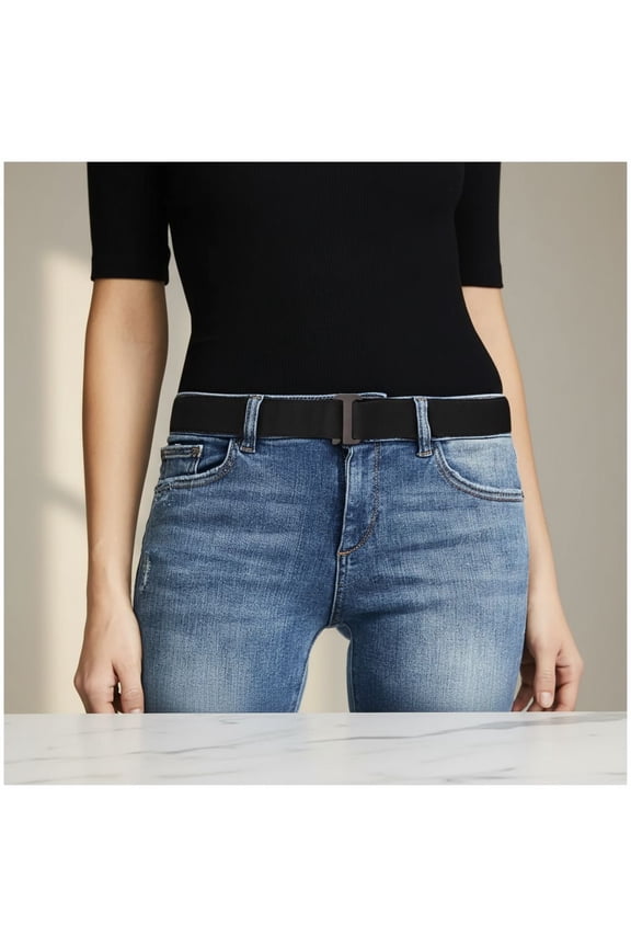 Women No Show Stretch Belt Elastic Web Strap Belt with Flat Buckle for Jeans Pants Dresses Suit for US Size 0-16,A-black-guncolor Buckle