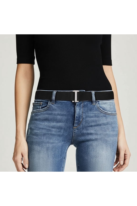 Women No Show Stretch Belt Elastic Web Strap Belt with Flat Buckle for Jeans Pants Dresses Suit for US Size 16+,B-black-silver Color Buckle