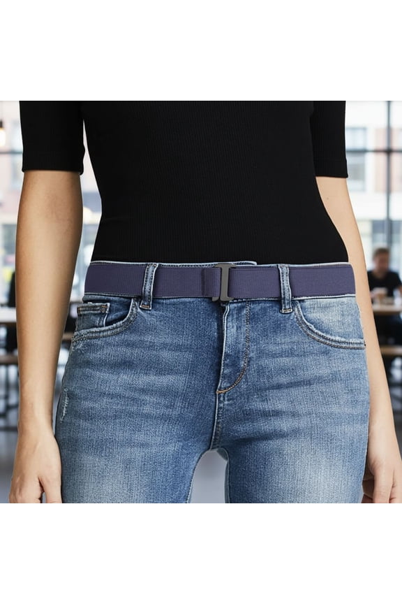 Women No Show Stretch Belt Elastic Web Strap Belt with Flat Buckle for Jeans Pants Dresses Suit for US Size 16+,E-blue-guncolor Buckle