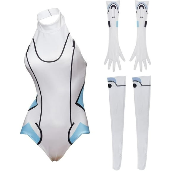 Women Noire White Heart Bodysuit Jumpsuit Outfit Set Complete with Gloves and Socks