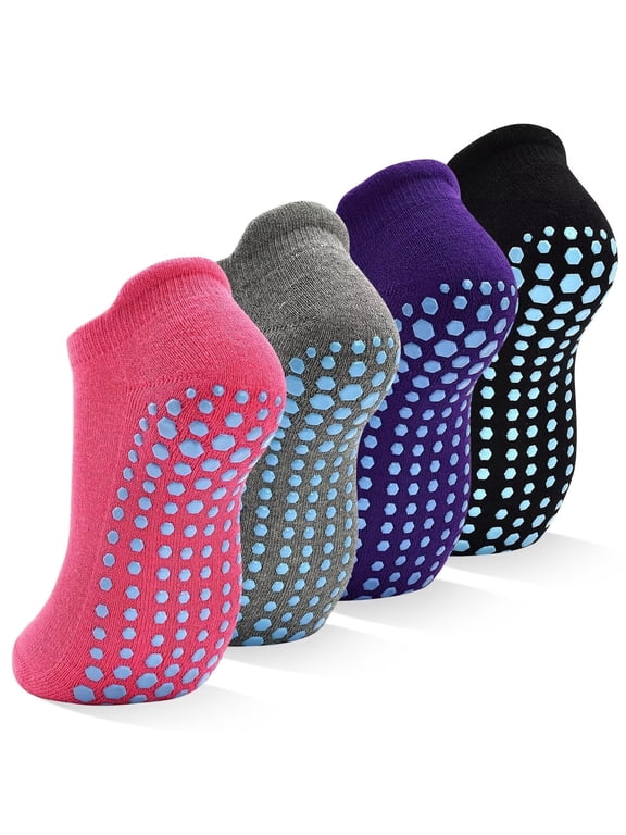 Women Non Slip Socks, 4 Pairs Yoga Pilates Anti Skid Socks Woman Hospital Gripper Socks Size 5-12