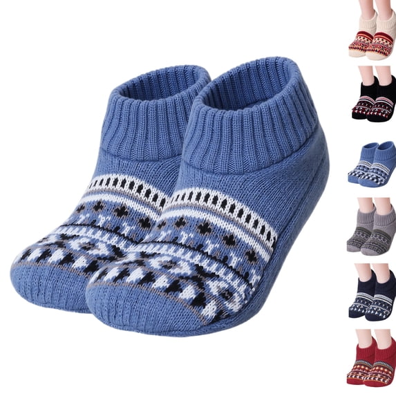 Women Nordic Fleece Lined Ankle Socks, Thick Warm Cozy Thermal Cabin Socks, Vintage Pattern Non Slip Home Sleeping Socks for Cold Weather Blue L