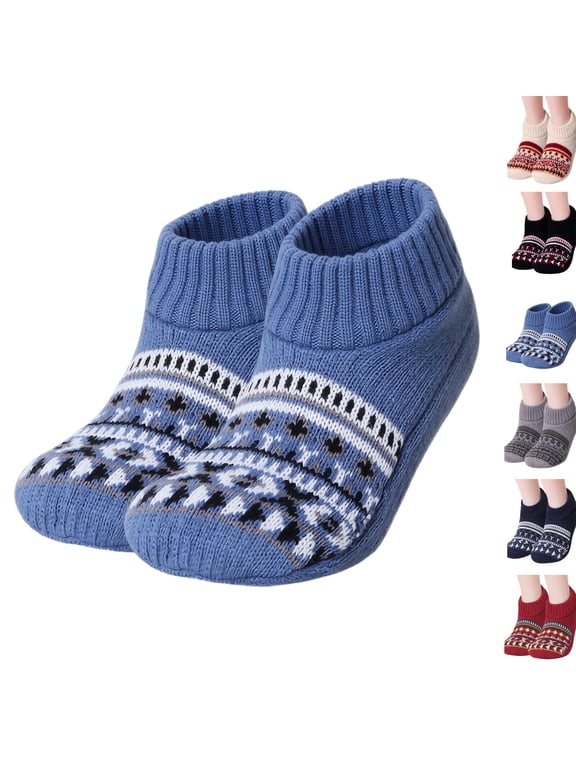 Women Nordic Fleece Lined Ankle Socks, Thick Warm Cozy Thermal Cabin Socks, Vintage Pattern Non Slip Home Sleeping Socks for Cold Weather Blue M
