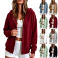 thumbnail image 1 of Women Notch Lapel Button Hooded Sevevn Cardigan Long Sleeve Dual Side Pocket Loose Fit Casual Sweatshirt Jacket, 1 of 6