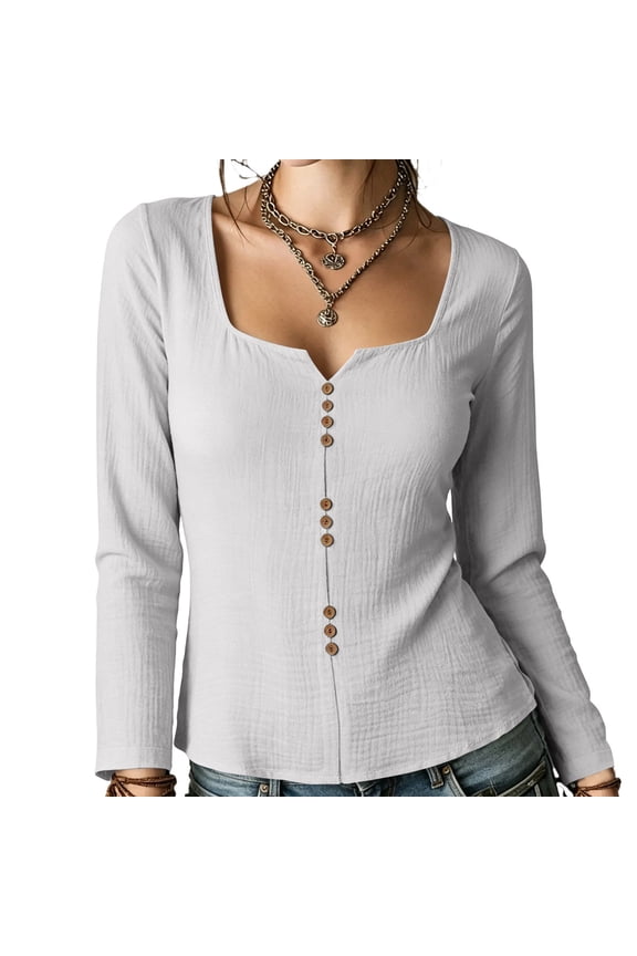 Women Notch V Neck Long Sleeve Henley Shirts Casual Slim Fit Blouse Vintage Cottagecore Button Up Tops
