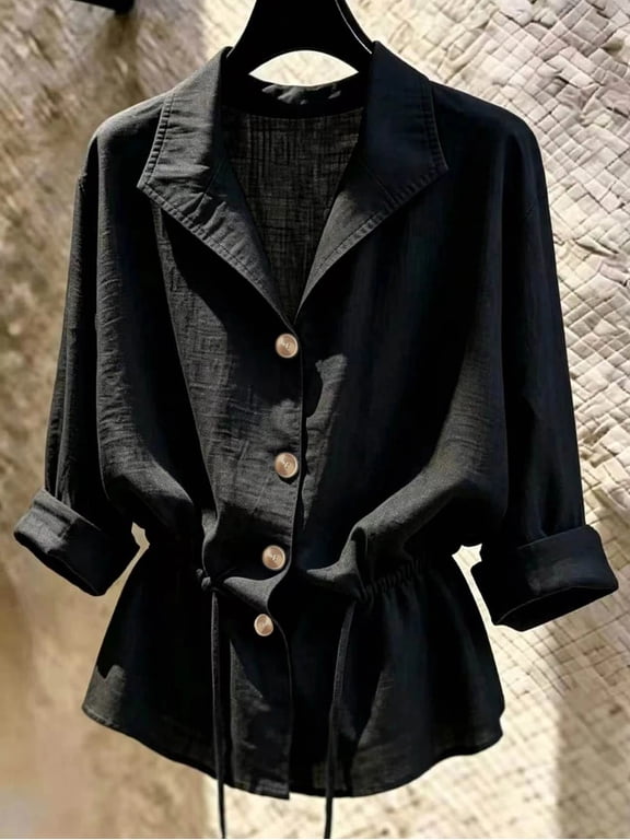 Women Notched Lapel Shirt Button Front Drawstring Waist Roll Up Sleeve Casual Blouse