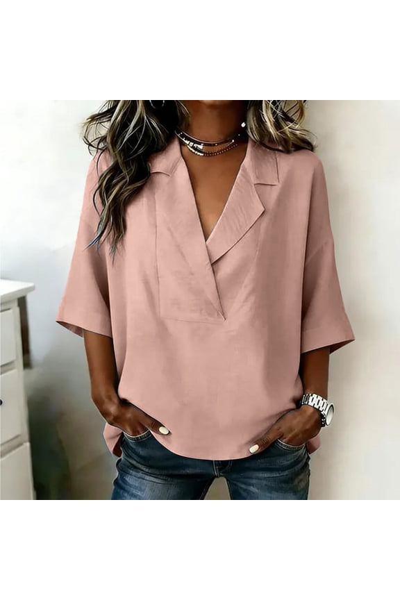Women Notched Lapel V Neck Blouse Drop Shoulder 3/4 Sleeve Pullover Loose Casual Linen Tunic Top Elegant Shirt for Daily Wear XXL