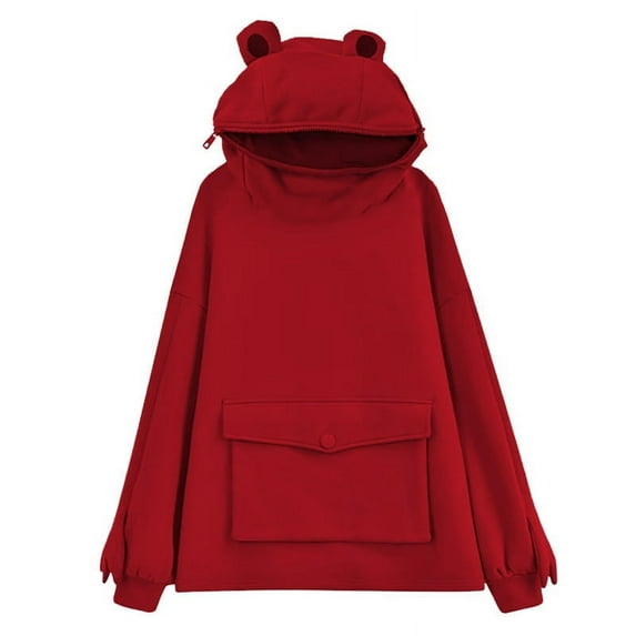 Women Novelty Frog Hoodie Cute Long Sleeve Solid Color Hooded Sweatshirt with Flap Pocket