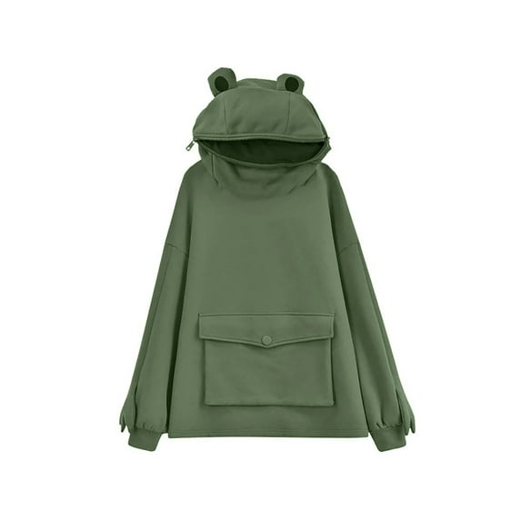 Women Novelty Frog Hoodie, Cute Long Sleeve Solid Color Hooded Sweatshirt with Flap Pocket