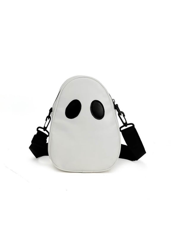 Women Novelty Ghost Mini Crossbody Bag, Zipper PU Leather Cell Phone Shoulder Bag, Halloween Party Cosplay Casual Sling Purse White
