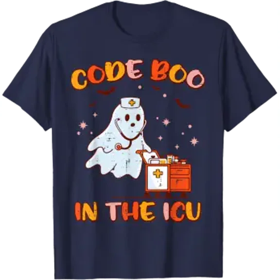 Women Nurse Code Boo ICU Ghost Costume Scrub Halloween Holiday T-Shirt, Size S-5XL