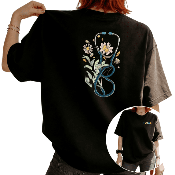 Women Nurse Stethoscope Floral Graphic Tees T-Shirt Tops Round Neck Printed Cotton T-Shirt Black S-5XL