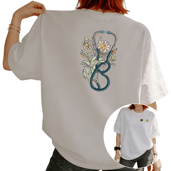 Women Nurse Stethoscope Floral Graphic Tees T-Shirt Tops Round Neck Printed Cotton T-Shirt White S-5XL