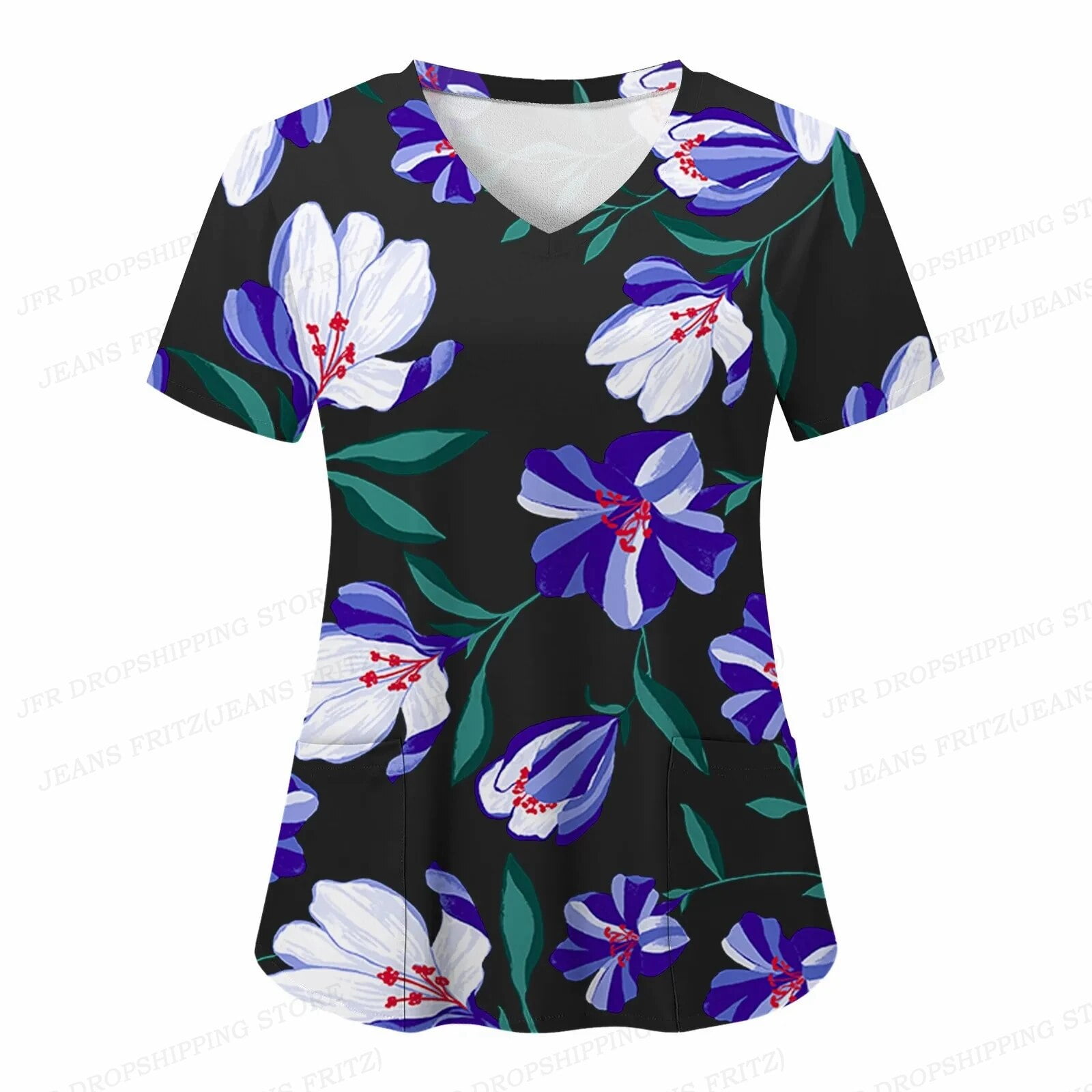 Women Nurse Uniform Floral 3d Print Tops V-Neck Pocket Medical Uniforms ...