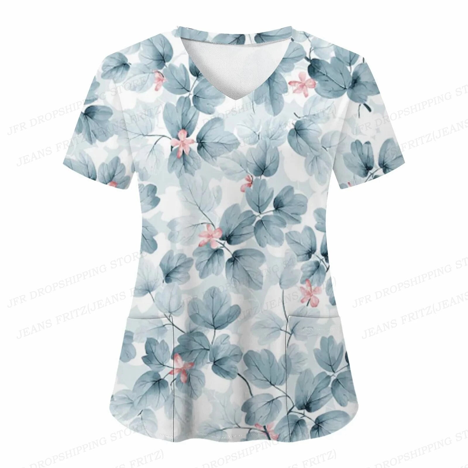 Women Nurse Uniform Floral 3d Print Tops V-Neck Pocket Medical Uniforms ...