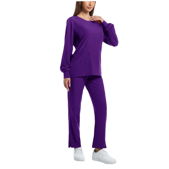 Women Nurse Uniform Jogger Suit Stretch Round Neck Top and Pants with Pocket Solid Loose Work Uniform Sets