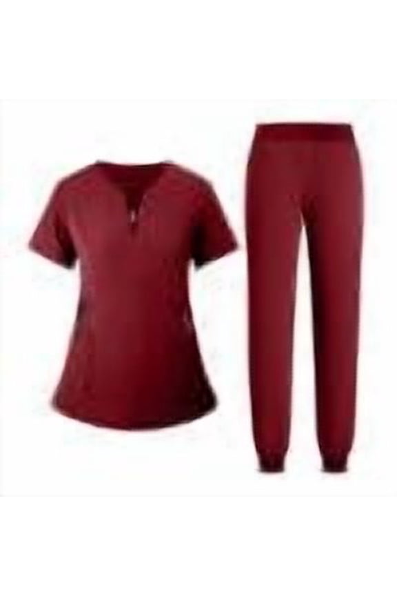 Women Nurse Work Uniform Purity Scrubs Set V-Neck Stretch Tops with Pockets & Jogger Pants Quick Dry Wine XXL