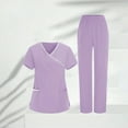thumbnail image 1 of Women Nurses Uniform Sets Short Sleeve V-Neck T-Shirt with Elastic Waisted Loose Pants Stretchy Comfortable Nursing Scrubs Outfits Purple M, 1 of 9