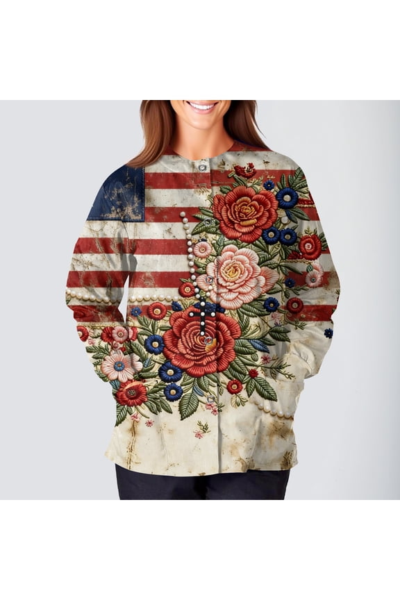Women Nursing Scrub Jackets 250th Anniversary Usa Nurse Uniforms Casual Long Sleeve Crew Neck Patriotic American Flag Shirts