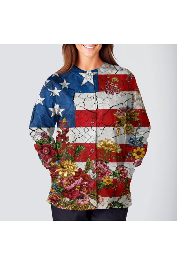 Women Nursing Scrub Jackets 250th Anniversary Usa Nurse Uniforms Casual Long Sleeve Crew Neck Patriotic American Flag Shirts