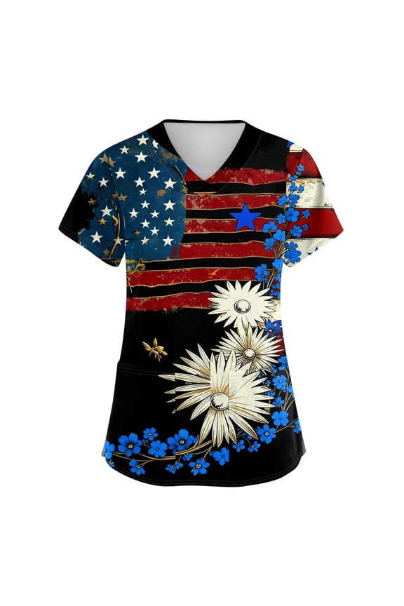Women Nursing Scrub Tops 4th Of July Medical Nurse Uniforms Short Sleeve V Neck Comfort Fit Scrub Tops Usa Flag Tops Summer Nursing Tops
