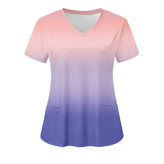 Women Nursing Scrub Tops Gradient Printed Working Uniform V Neck Short Sleeve Workwear Blouse T-shirt with Pockets