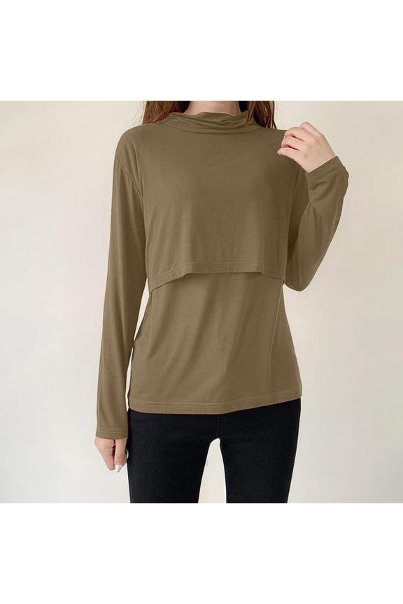 Women Nursing Shirts Long Sleeve Maternity Tops Double Layer Breastfeeding Tees Round Neck Pregnancy Blouse Khaki L