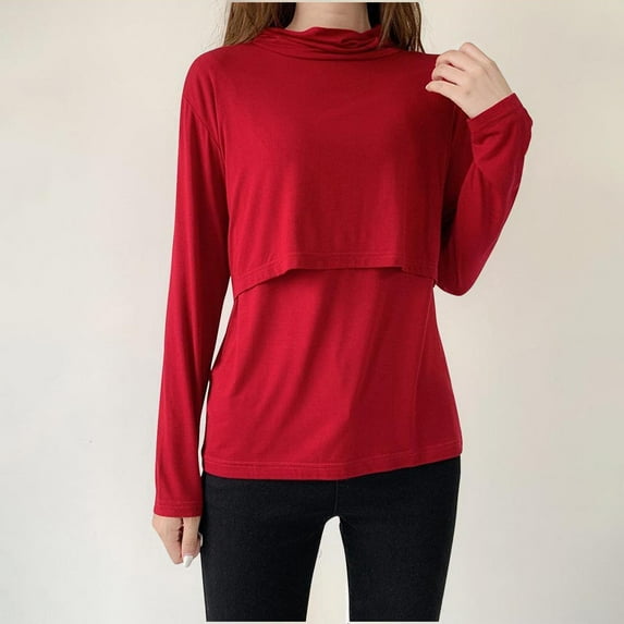 Women Nursing Shirts Long Sleeve Maternity Tops Double Layer Breastfeeding Tees Round Neck Pregnancy Blouse Red XXL