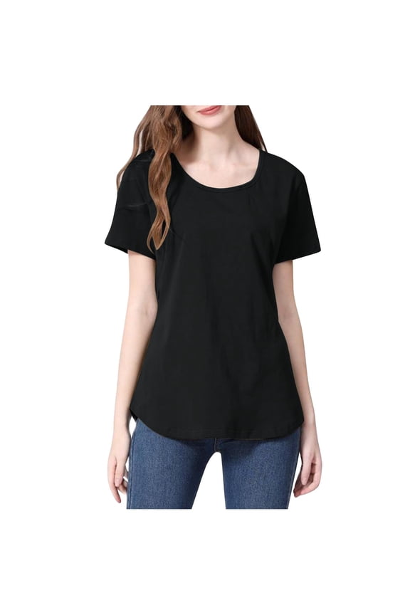 Women Nursing Short Sleeve T Shirt Solid Color, Round Neck Breastfeeding Top for Maternity, for All Trimesters