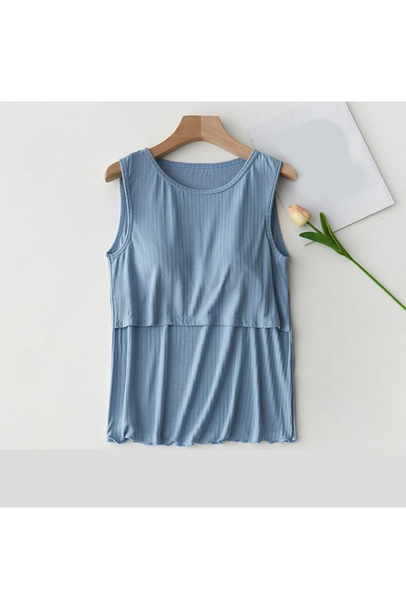 Women Nursing Tank Tops With Chest Sleeveless Maternity Tops Double Layer Breastfeeding and Postpartum Tees Round Neck Pregnancy Blouse Blue XXL