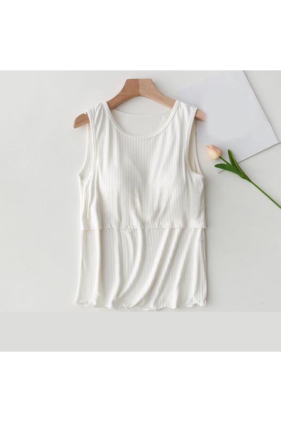 Women Nursing Tank Tops With Chest Sleeveless Maternity Tops Double Layer Breastfeeding and Postpartum Tees Round Neck Pregnancy Blouse White M