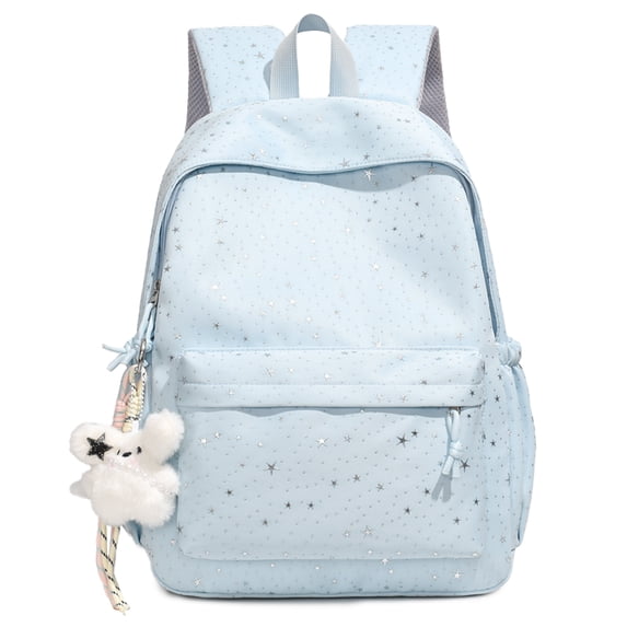 Women Nylon Laptop Backpacks Large Capacity Aesthetic Backpack Star Print Casual Travel Daypack with Pendant for Travel Outings Picnics Recreational Activities (Blue 410*300*140)