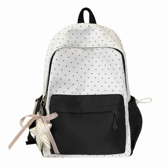 Women Nylon Polka Dot Backpack Purse Large Capacity Travel Daypack with Pendant Lightweight Laptop Backpack for Outdoor Gym Cycling (Black)