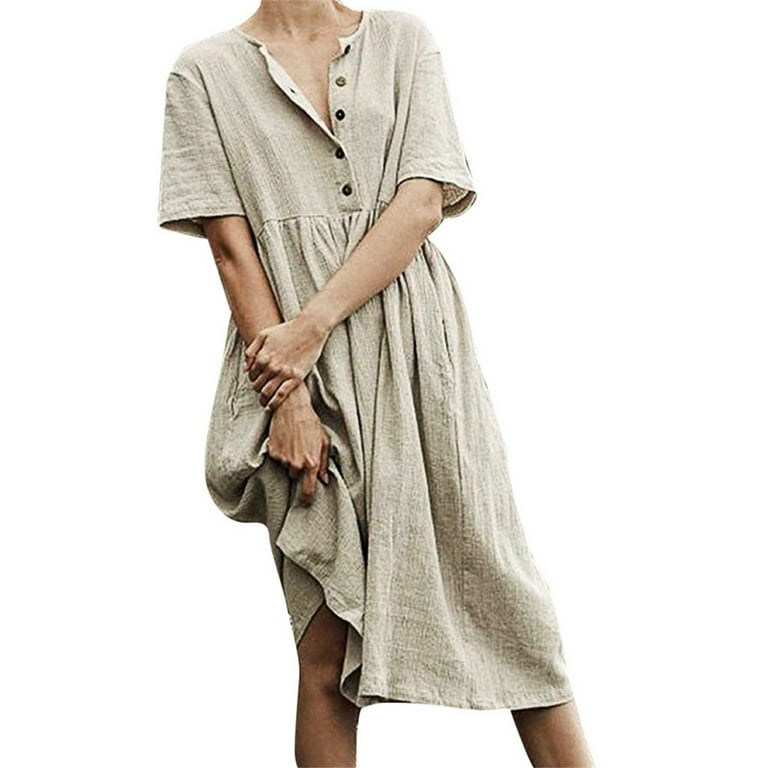 Women O Neck Button Pure Color Short Sleeve Cotton And Linen Easy Dress Vestidos