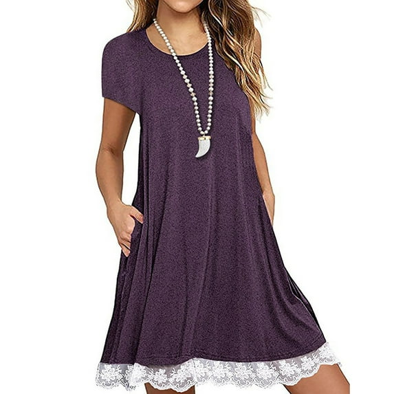 Women O Neck Casual Lace Short Sleeve Above Knee Dress Loose Party Dress Dress for Women Junior Floral Dress Womens Midi Dresses Maxi Dresses Women Summer Stripped Dress Juniors Summer Dresses Denim