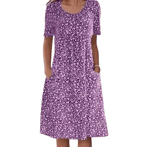 Women O-neck Summer Dress Casual Loose Short Sleeve Boho Floral Print Midi Dress Baggy Comfy Pockets Dress