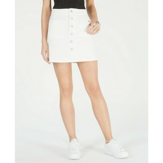 Women OAT Cotton Button-Front Denim Mini A-Line Skirt 2 front pockets 2 colors (White,27)