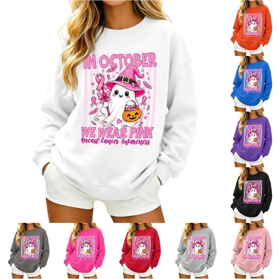 Women October We Wear Pink Awareness Graphic Crewneck Sweatshirt with Cute Ghost Halloween Pullover Top
