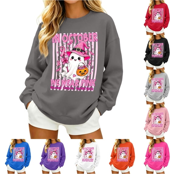 Women October We Wear Pink Awareness Graphic Crewneck Sweatshirt with Cute Ghost Halloween Pullover Top