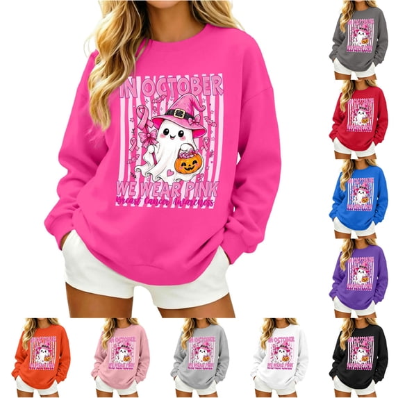 Women October We Wear Pink Awareness Graphic Crewneck Sweatshirt with Cute Ghost Halloween Pullover Top