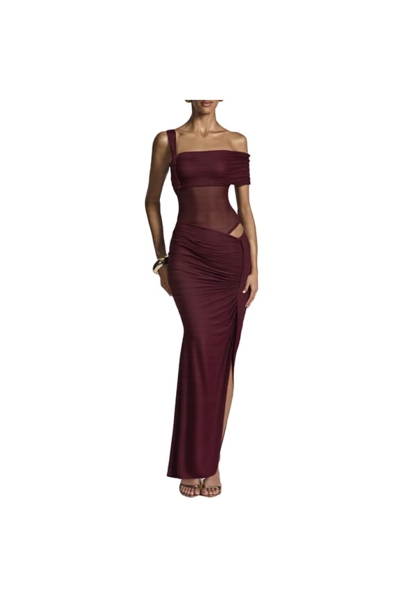 Women Off One Shoulder Maxi Wedding Guest Dresses Fashion Ruched Bodycon Cut Out Mesh Slit Formal Cocktail Dress