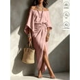 thumbnail image 1 of Women Off Shoulder 3/4 Sleeve Maxi Dress Waist Twist Ruched Side Slit Casual Dress for Beach Vacation, 1 of 5
