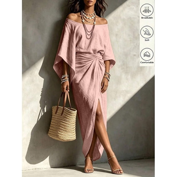 Women Off Shoulder 3/4 Sleeve Maxi Dress Waist Twist Ruched Side Slit Casual Dress for Beach Vacation