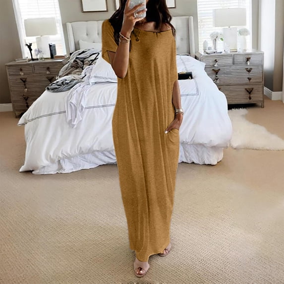 Women Off-Shoulder Batwing Sleeve Maxi Dress Solid Color Loose Lounge Nightdress Casual Comfy Sleepwear Brown S